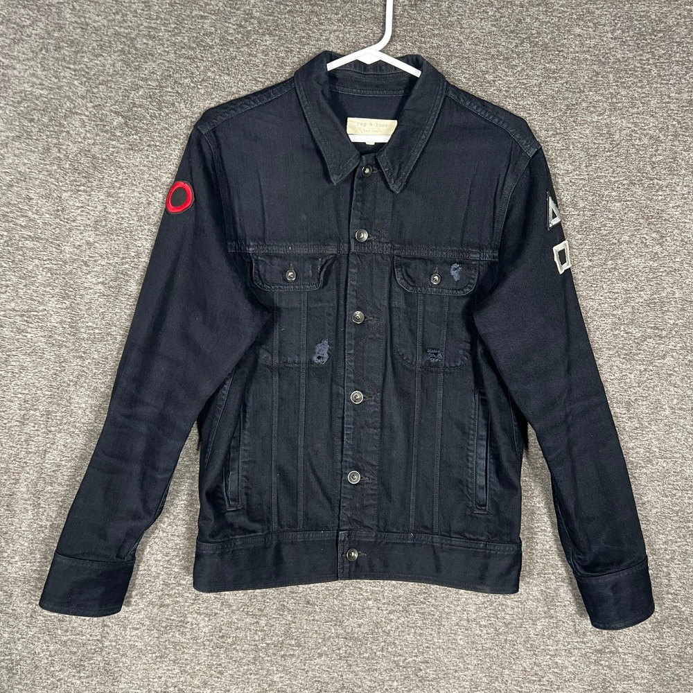 Rag & Bone Denim Jacket Mens Small Black Distressed Patches Jean Trucker‎ Coat